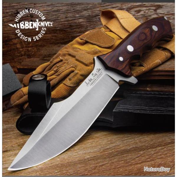 Couteau Hibben Legacy Fighter IV Lame Acier 5Cr15MoV Manche Pakkawood Etui Cuir GH5112