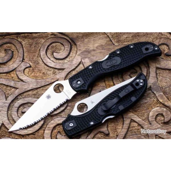 Couteau Spyderco Stretch 2 XL Serrated Lame Acier VG-10 Manche FRN Lockback Made In Japan SC258SBK -