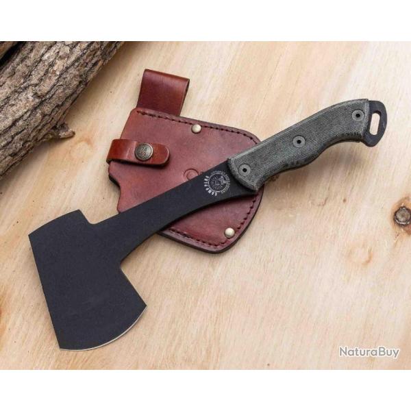 Hache Ontario Camp Plus Hatchet Lame Acier Carbone 1075 Manche Micarta Etui CUir Made USA ON4230