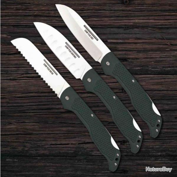 Set de 3 Couteaux Ontario Camp Plus Folding : Bread/Chef/Santoku Lame Acier Inox ON4310TC-00-05