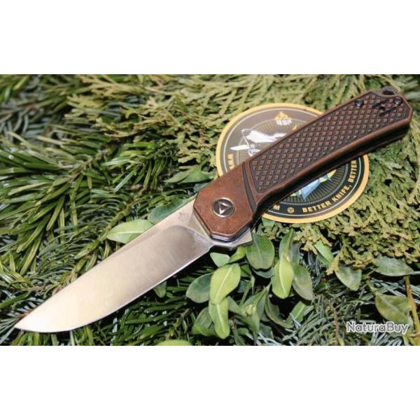 Couteau QSP Osprey Copper Lame Acier 14C28N Manche Cuivre IKBS Linerlock Clip QS139E1