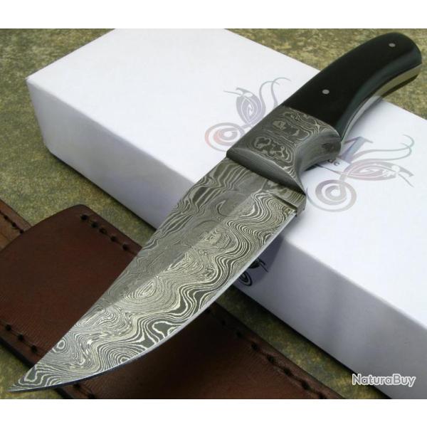 Couteau de Chasse Lame Damas 256 Couches Manche Os Garde Damas Etui Cuir DM1051HN