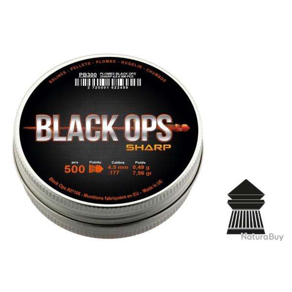 BO�TE DE 500 PLOMBS BLACK OPS SHARP � T�TE POINTUE CAL. 4.5 MM 0.49gr