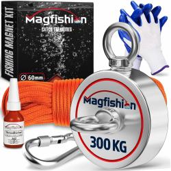 Aimant Neodyme Puissant 300 kg 60mm P&ecirc;che &agrave; l'Aimant Magn&eacute;tique Puissant Corde (20m) et Gants