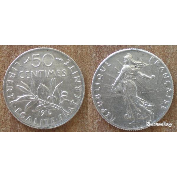 France 50 Centimes 1916 Piece Argent Semeuse Centime