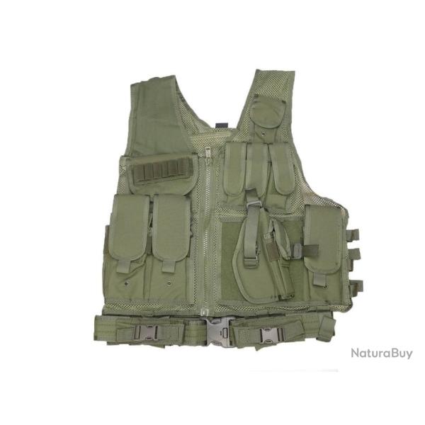 DMoniac Veste tactique Olive 8 poches holster + ceinturon