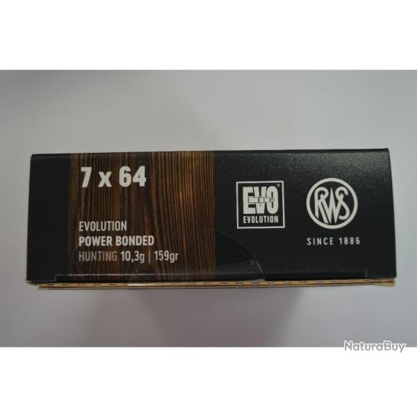 1 BOITE DE 20 BALLES RWS CALIBRE 7X64   EVO  10.3G/159GR  NEUVE