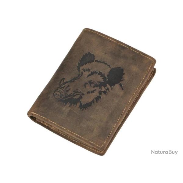 PORTEFEUILLE CUIR MARRON MOTIF SANGLIER