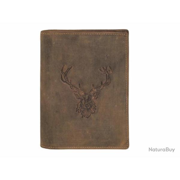 PORTE PERMIS GRAND FORMAT EN CUIR MARRON MOTIF CERF