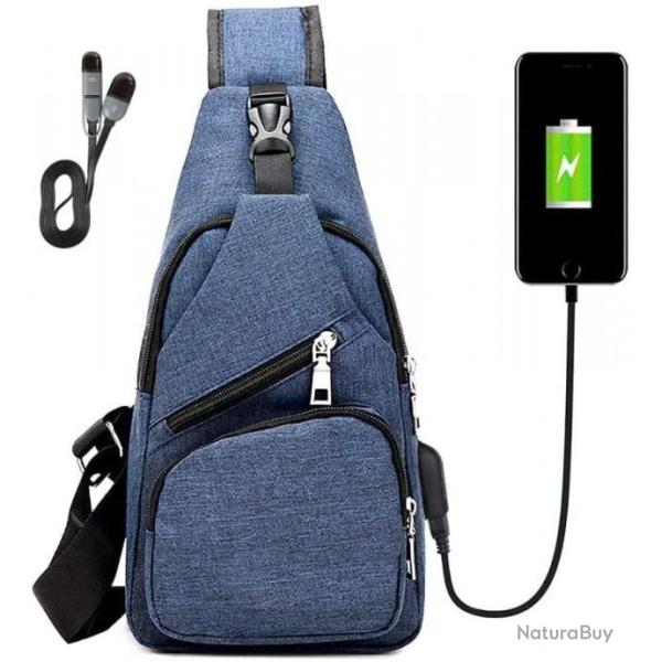 Sac � Dos Sacoche Homme Bandouliere Chargement USB V�lo Course Camping P�che Randonn�e Voyage Bleu