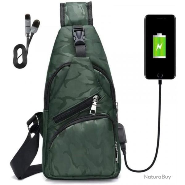 Sac � Dos Sacoche Bandouliere Chargement USB V�lo Course Camping Randonn�e Voyage Camouflage Vert