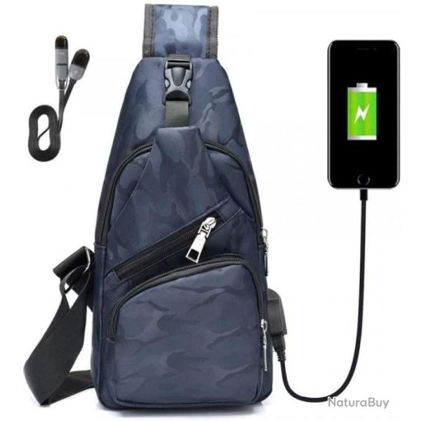 Sac � Dos Sacoche Bandouliere Chargement USB V�lo Course Camping Randonn�e Voyage Camouflage Bleu