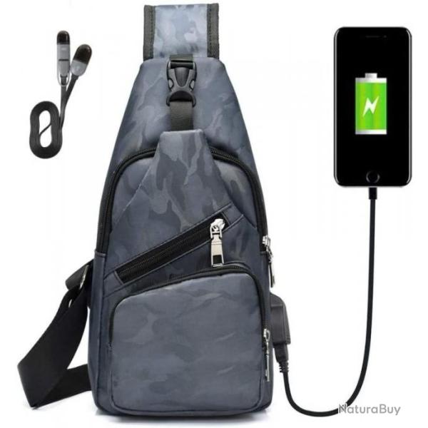 Sac � Dos Sacoche Bandouliere Chargement USB V�lo Course Camping Randonn�e Voyage Camouflage Gris