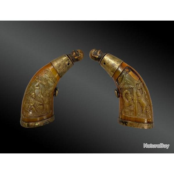 Poire � Poudre, En Corne Grav�e De Sc�nes Chinoises XIX�me