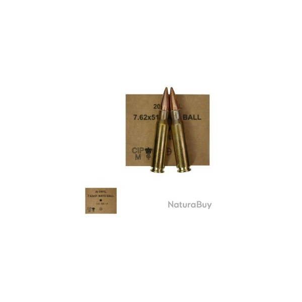 Cartouches GGG calibre 7.62x51 NATO type M80 (308 Win.)  projectile de 147 grains FMJ PAR 60