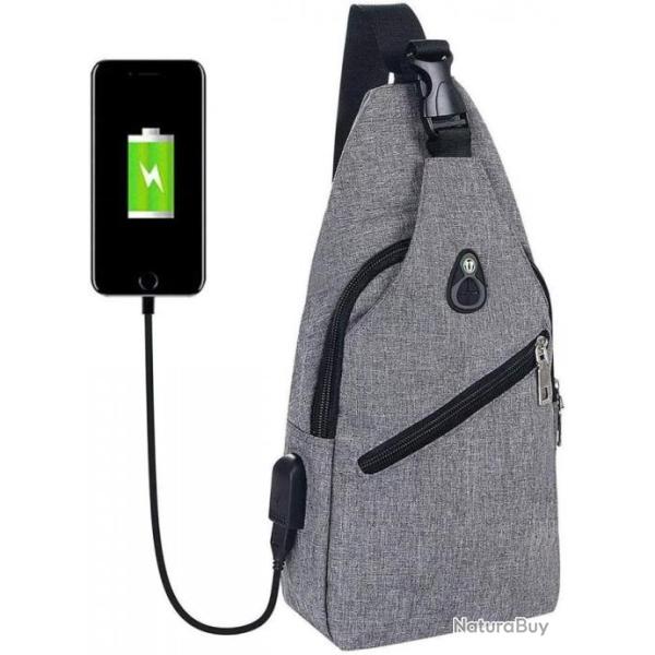 Sac � Dos Bandouliere Sacoche Homme Chargement USB V�lo Course P�che Camping Randonn�e Voyage Gris