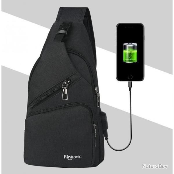 Sac � Dos Bandouliere Sacoche Homme Chargement USB V�lo Course P�che Camping Randonn�e Voyage Noir