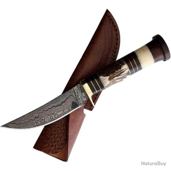 Couteau Skinner Marbles Lame Damas 256 Couches Manche Bois de Chevreuil/Bois/Corne Etui Cuir MR611