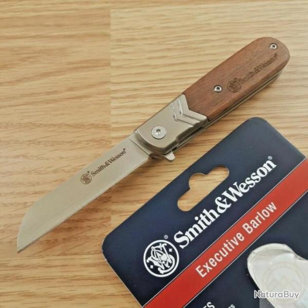 Couteau Smith&Wesson Executive Barlow A/O Lame Acier 8Cr13MoV Manche Bois Linerlock Clip SW1160818