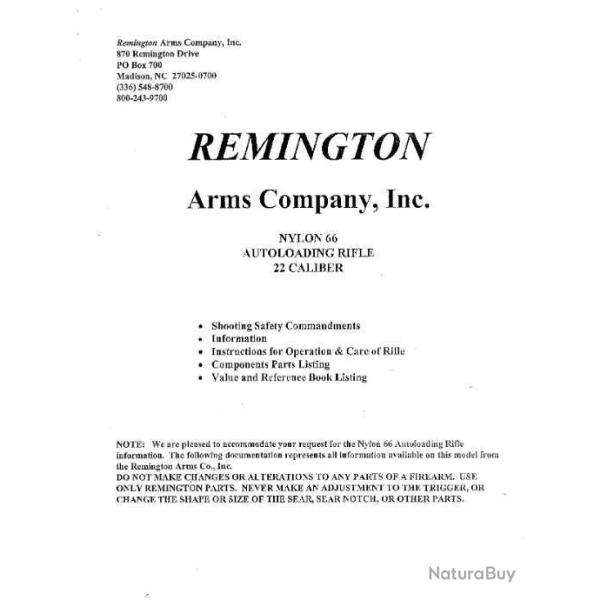 notice carabine NYLON 66 REMINGTON (envoi par mail) - VENDU PAR JEPERCUTE (m1230)