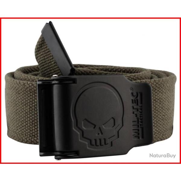 CEINTURE OLIVE BOUCLE TETE DE MORT 4CM X 130CM