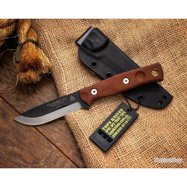 Couteau de Survie TOPS Fieldcraft 3.5 Lame Acier Carbone 1095 Manche Tan Etui Kydex USA TPMBROS01