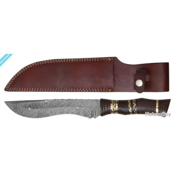 ACIER DAMAS - COUTEAU - 38 CM - BOIS DE NOYER - �TUI CUIR