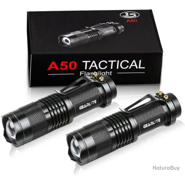 Lot de 2 Mini Lampe de Poche Led �tanche Zoomable avec Clip 3 Modes P�che Camping Randonn�e