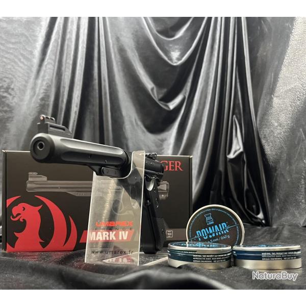 Pack pr�t � tirer Pistolet � plombs Ruger Mark IV 4,5mm Noir + 3 X Bo�te de 500 Plombs