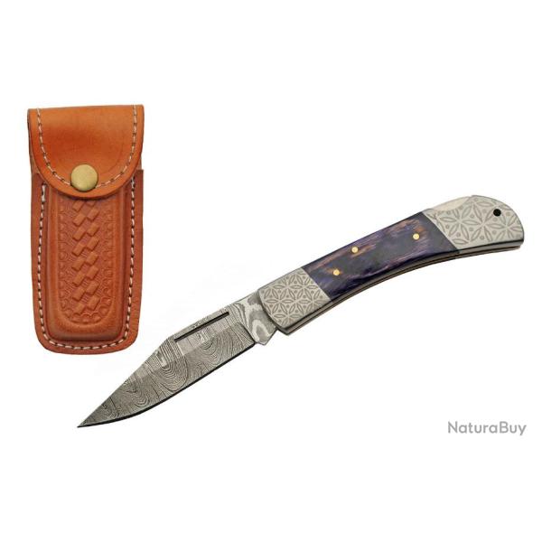 Couteau Damas Opal Blue Royal Lame Damas 128 Couches Manche Bois Lockback Etui Cuir DM1311