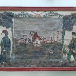 Panneau peint 14-18 arm&eacute;e d'Afrique Tananarive sign&eacute; et situ&eacute; peine sur couvercle caisse munitions