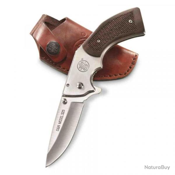 Couteau Smith&Wesson M325 Revolver Lame Acier 3Cr13 Manche Bois Holster Cuir SW1168583