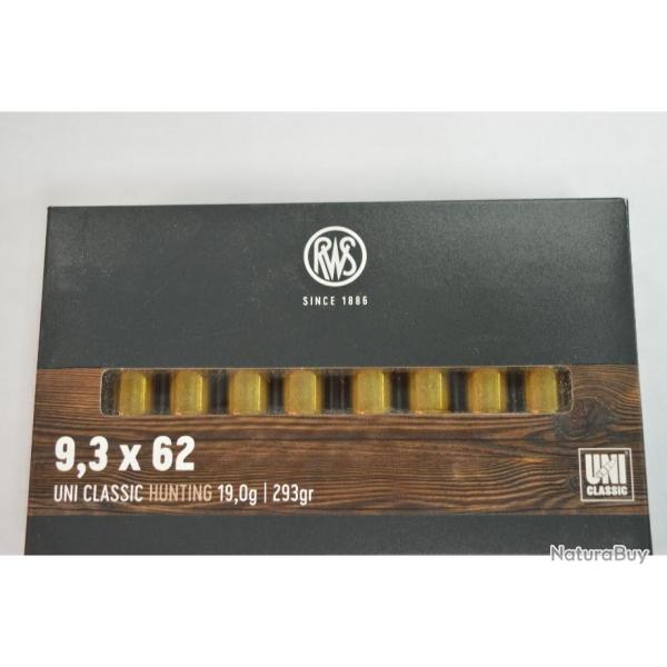 1 BOITE DE 20 BALLES RWS 9.3X62 UNI CLASSIC 19G/293GR  NEUVE