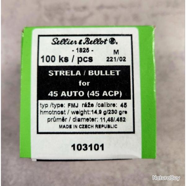 100 Ogives S&B cal 45 Acp 230gr FMJ / 103101