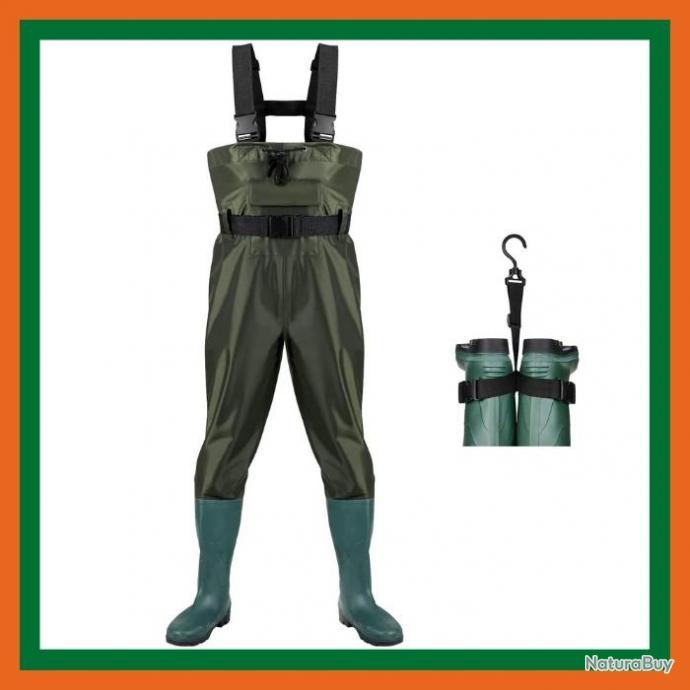 Waders Homme Femme - Pantalon Pêche Avec Bottes - PVC Imperméable Respirant - Bretelles Réglables - Poches Poitrine - Noir