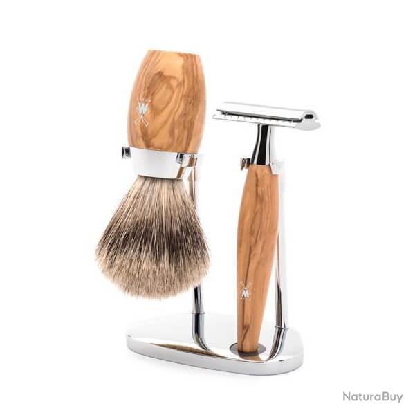 Set de rasage 3 pi�ces avec rasoir de s�curit� Muhle Kosmo olivier pur gris