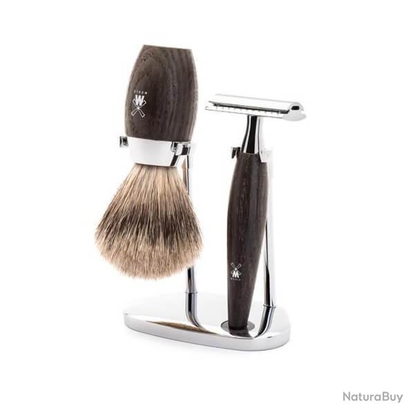 Set de rasage 3 pi�ces avec rasoir de s�curit� Muhle Kosmo ch�ne pur gris