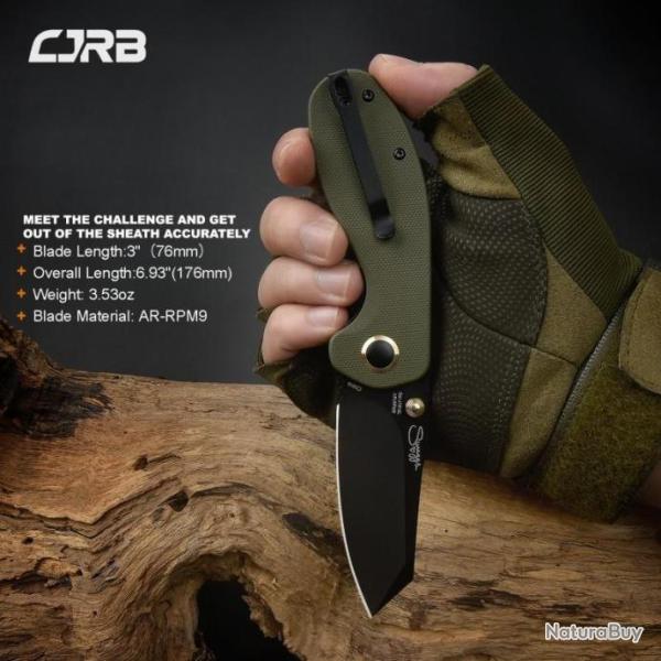 Couteau CJRB More Maileah Green G10 Lame Acier AR-RPM9 Reverse Tanto Black IKBS J1918LBGN