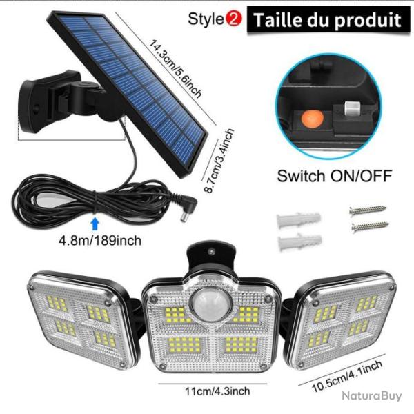Lampe Solaire Luminosit� Puissante 120 LED �tanche IP65 Ext�rieur T�tes Ajustables Grand Angle 20W