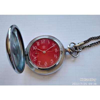 Montre De Poche Mécanique MOLNIJA URSS - Calibre 3602 - Années 1970 - Excellent état - Boîtier Chromé, Cadran Rouge - Vintage