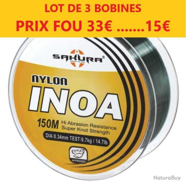 LOT DE 3 BOBINES DE FIL Nylon SAKURA INOA 150M  � 34   6.7 KG