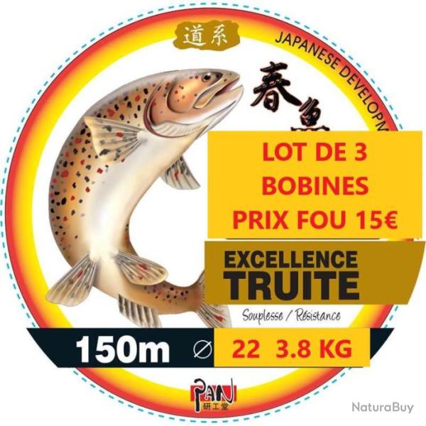 LOT DE 3 BOBINES DE FIL Nylon PAN EXCELLENCE TRUITE  150M  � 22   3.8 KG