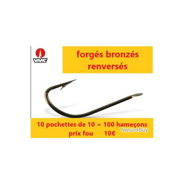 LOT DE 10 pochettes de 10 d'hame�ons FORG�S BRONZ�S RENVERS�S  � PALETTE  N� 10 = 100 hame�ons