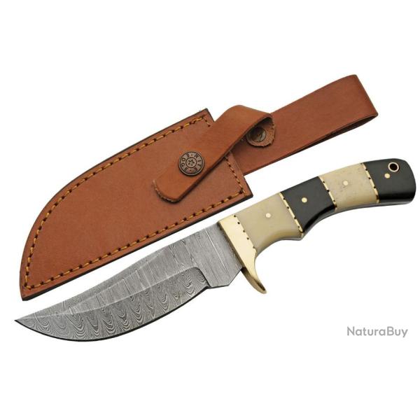 Couteau Bowie Damas Hunter Horn/Bone 256 Couches Manche Corne & Os Etui Cuir DM1313HB