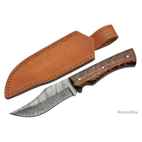 Couteau Bowie Damas Firepeak Hunter 256 Couches Manche Acrylique Etui Cuir DM1315