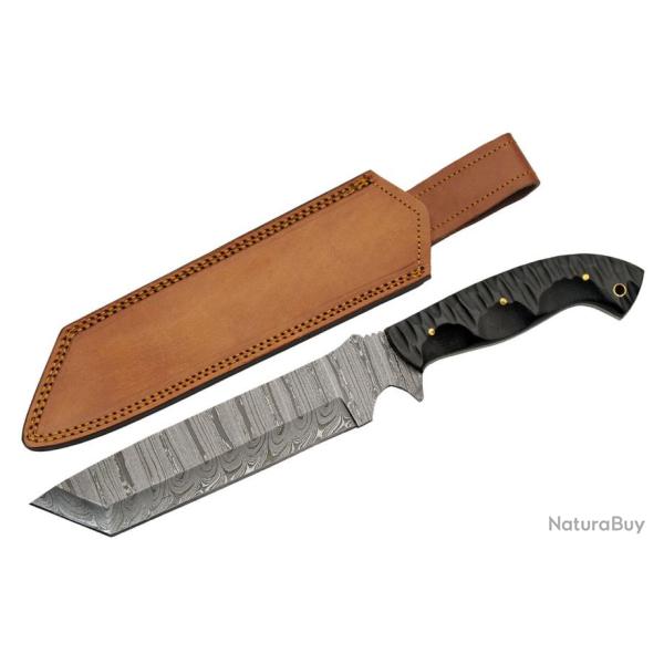 Couteau Damas Slate Hunter Machete 256 Couches Manche Micarta Etui Cuir DM1322