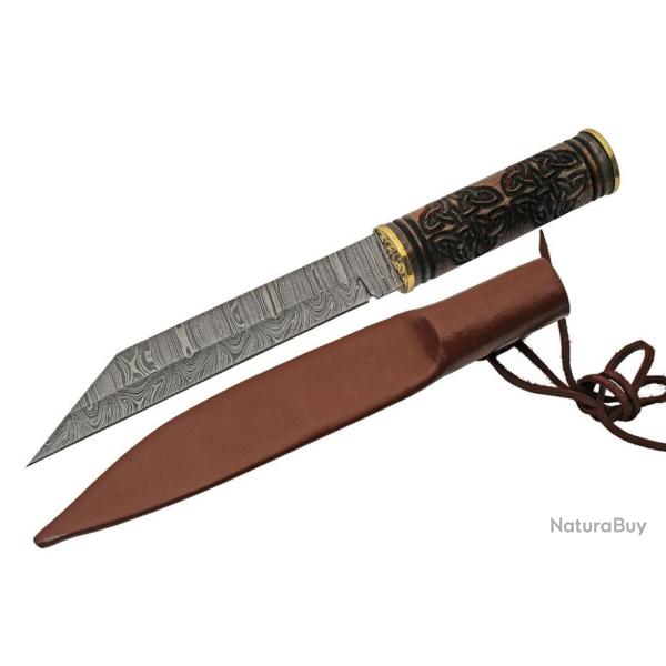 Couteau Damas Celtic Triquetra Seax 256 Couches Manche Bois Etui Cuir DM1299