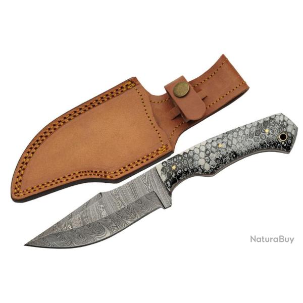 Couteau Bowie Damas 256 Couches Texas Rattler Manche Fa�on Snake Etui Cuir DM1321