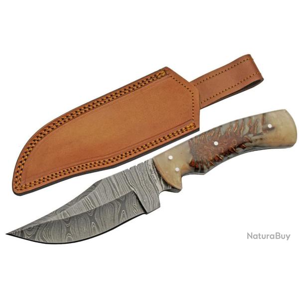 Couteau Bowie Damas 256 Couches Pine Ranch Hunter Manche Acrylique Etui Cuir DM1328