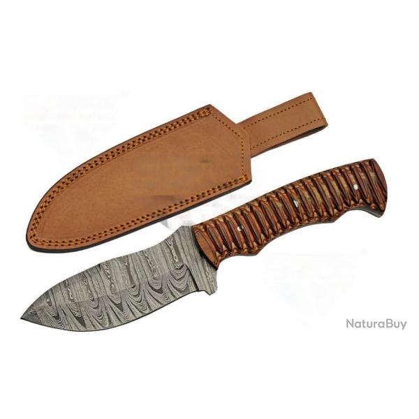 Couteau Bowie Damas 256 Couches Golden Yellow Skinner Manche Bois Etui Cuir DM1331